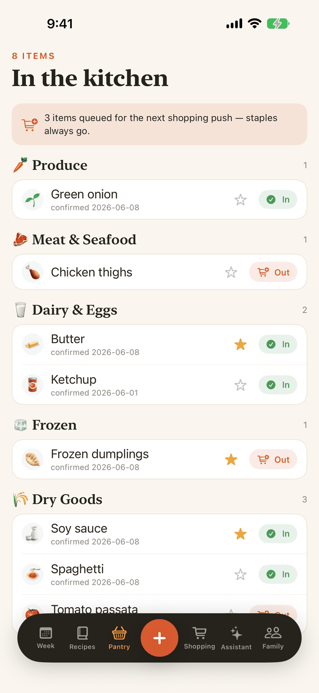 DinnerBell pantry, grouped by category, tracking what's in stock