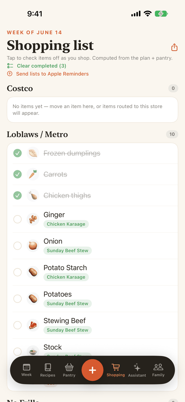 DinnerBell shopping list, grouped by store and aisle