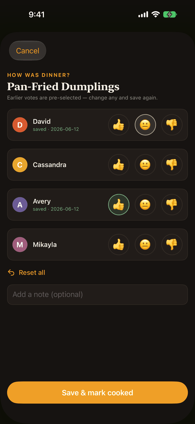 Post-dinner family voting in DinnerBell — thumbs up, neutral, thumbs down per person
