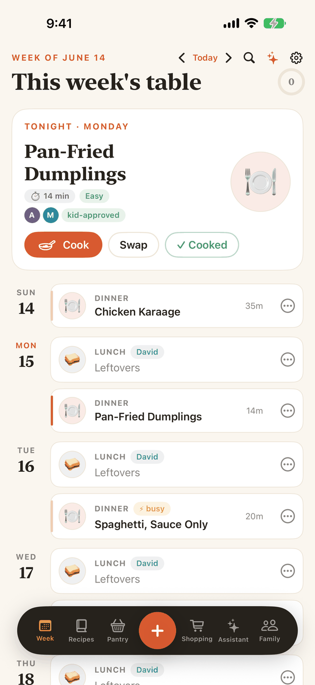 DinnerBell weekly meal plan with tonight's dinner and the week's nights